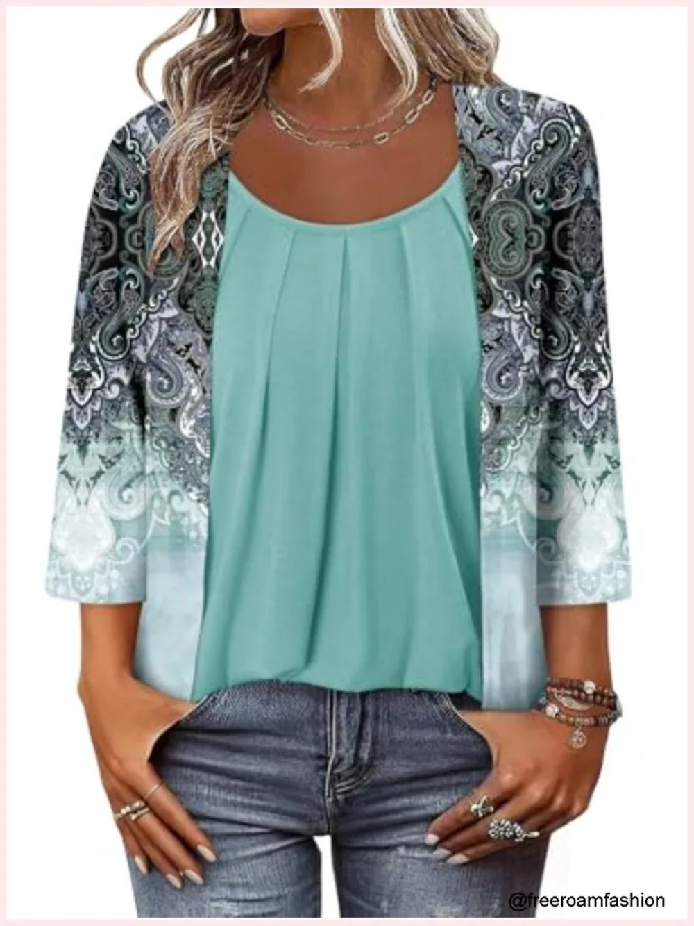 3/4 Sleeve Tunic Top Flowy Ruffle U-Neck Lightweight